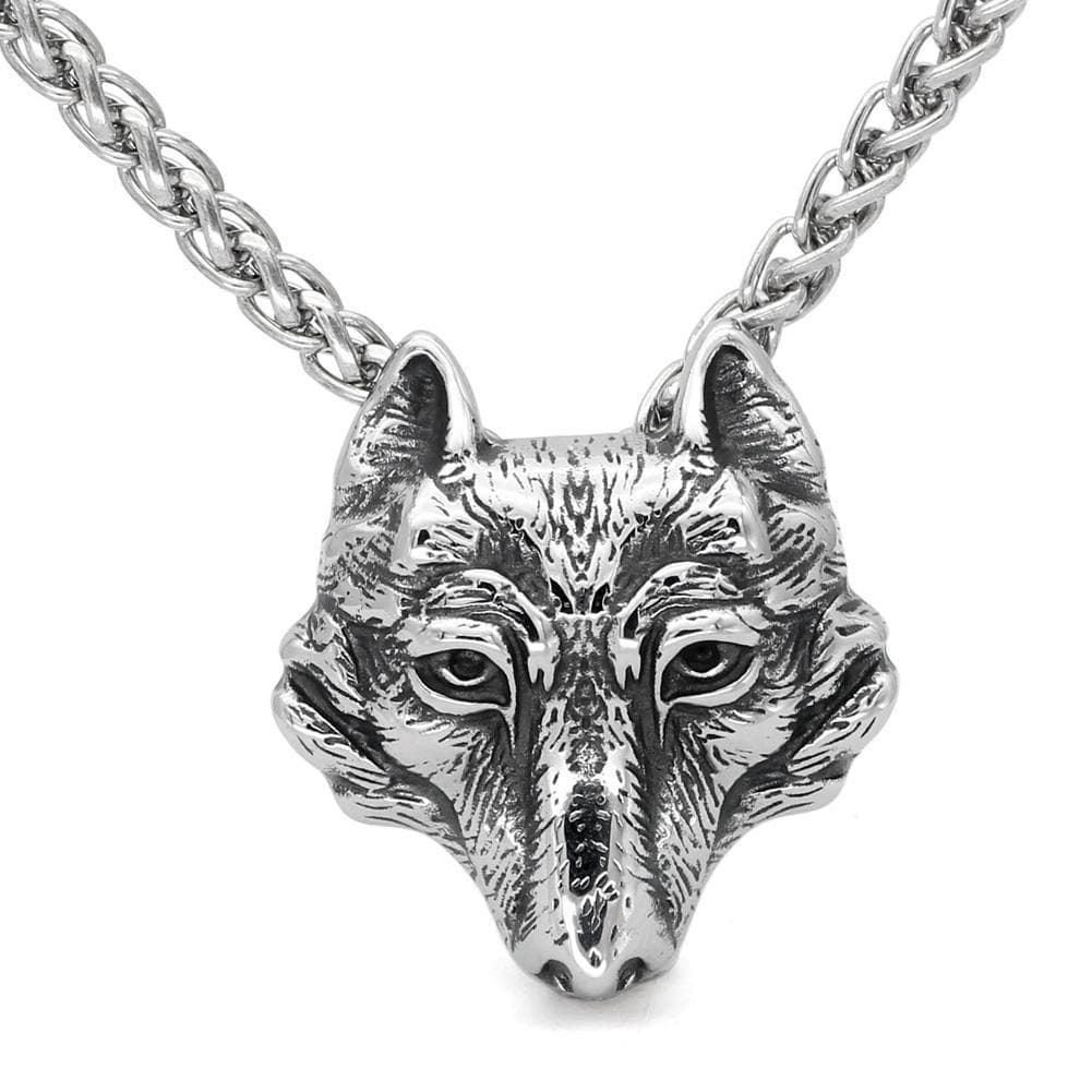 Pendentif Chaîne Viking Tête De Loup Fenrir - Argenté Avec Yeux Rubis, Longueur 30-35 Cm, Neuf